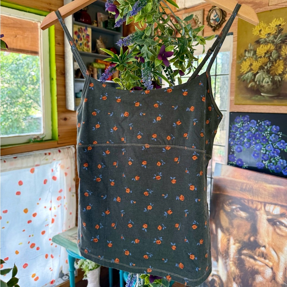 Women’s Floral Print Spaghetti Strap Cami – Black with Orange Flowers